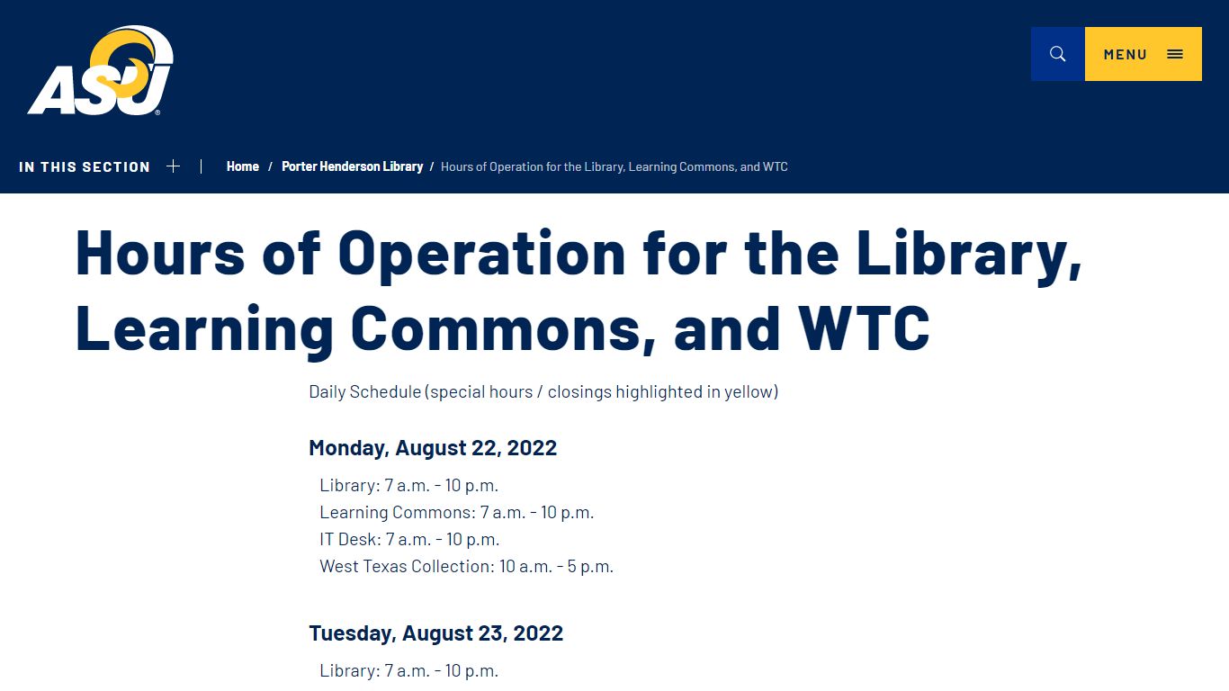 Hours of Operation for the Library, Learning Commons, and WTC